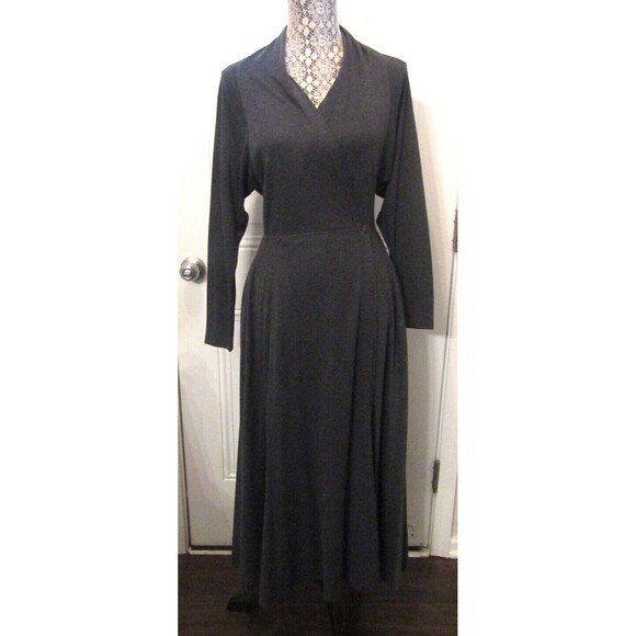 TOGETHER! Womens Charcoil Grey Midi Wrap Dress Side Pockets Flare Skirt Size S - Picture 2 of 8